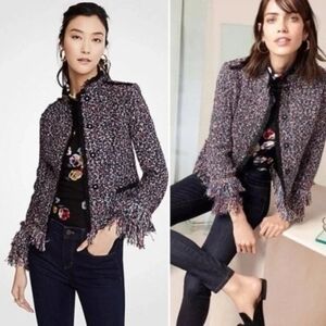 Ann Taylor Fiesta Multicolor Fringe Tweed Blazer Jacket Blk Red Blue Size Small
